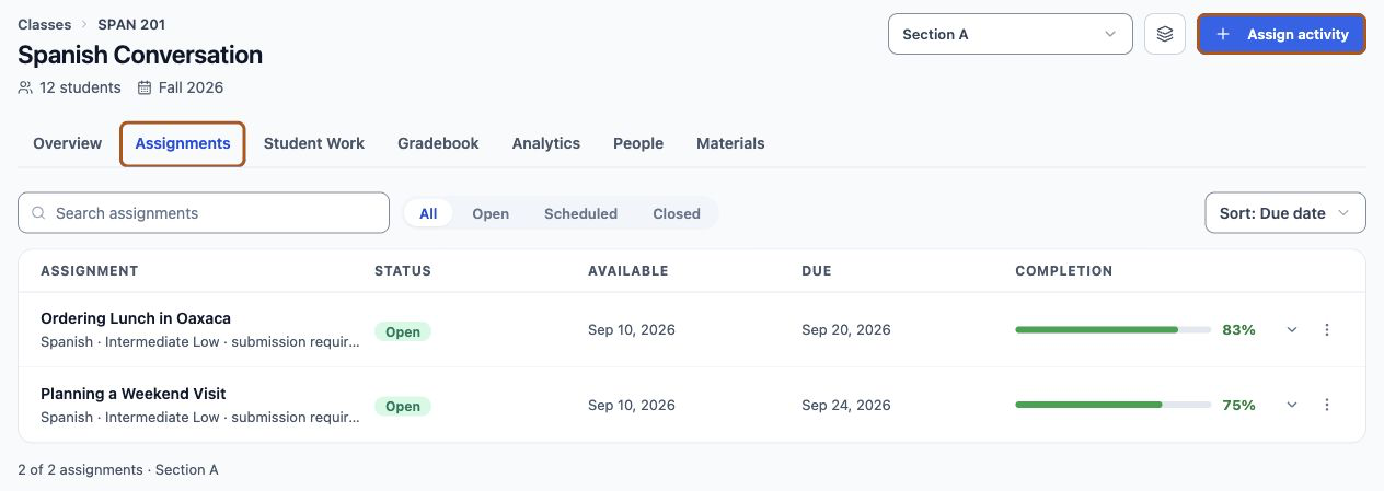 The Assignments tab of a class workspace with the Assign Activity button.