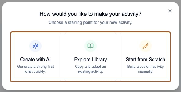 The activity creation dialog offering three options: Create with AI, Explore Library, and Start from Scratch.