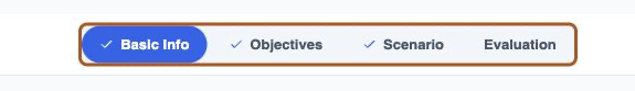 The activity editor step navigation showing Basic Info, Objectives, Scenario, and Evaluation.