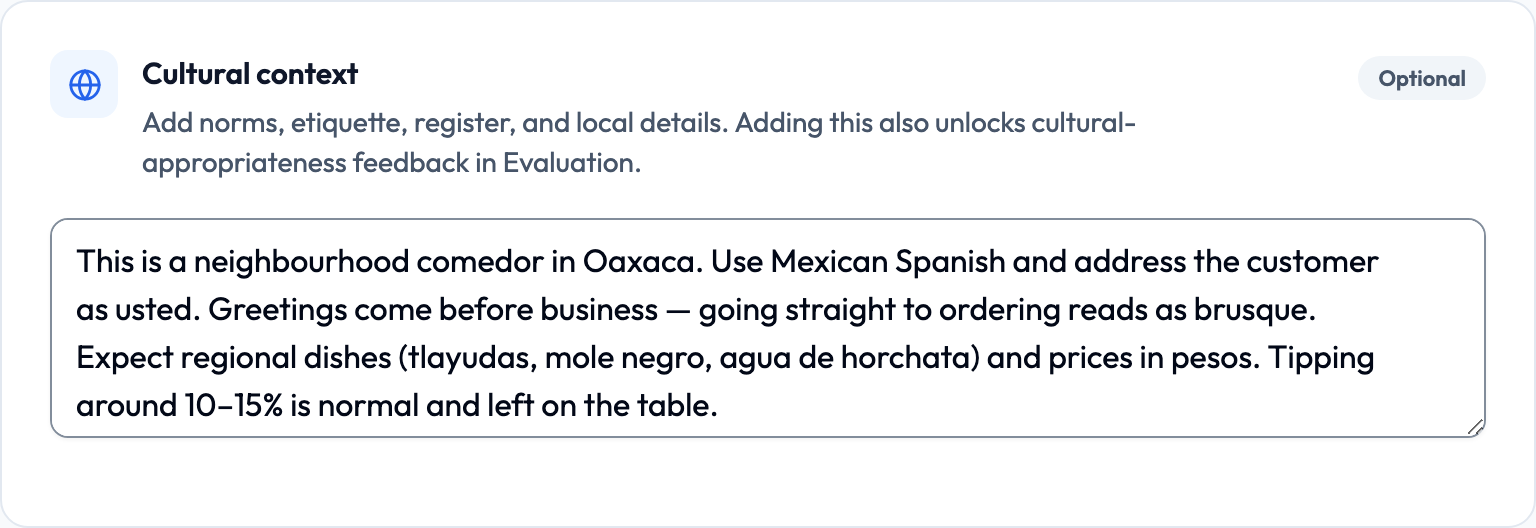 The Cultural context text area on the Scenario step of the activity editor.