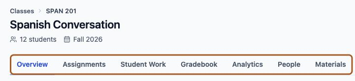 The class workspace tab bar showing Overview, Assignments, Student Work, Gradebook, Analytics, People, and Materials.