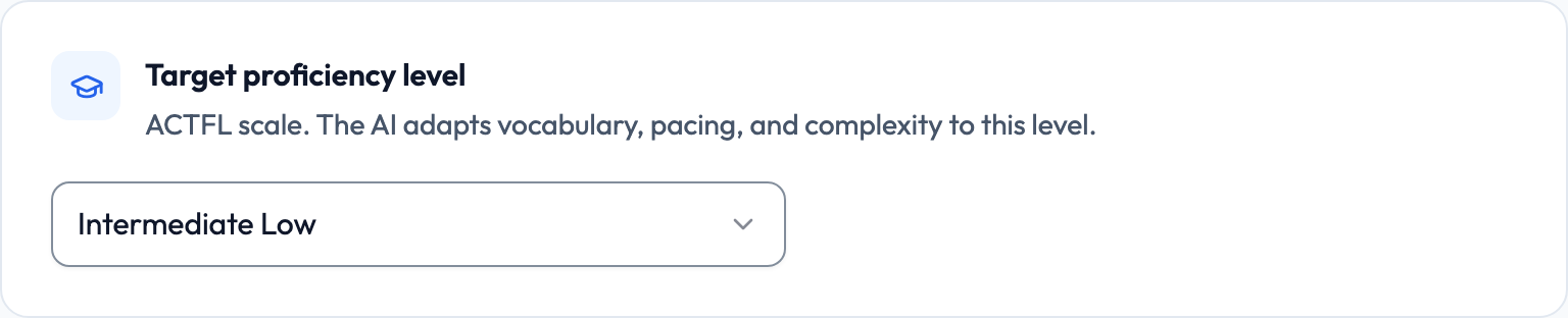 The Target proficiency level card on the Objectives step, with Intermediate Low selected.