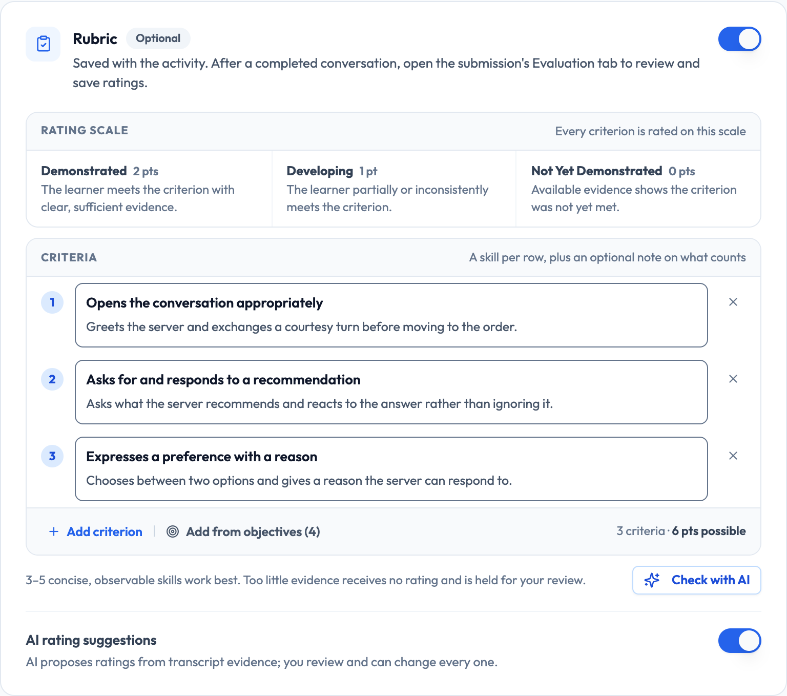The rubric configuration panel on the Evaluation step, with the enable toggle and the criteria list.