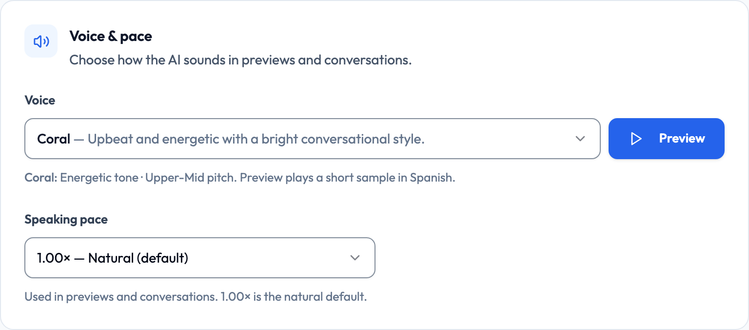 The Voice & pace card with Coral selected, showing its description, tone and pitch, a Preview button, and the Speaking pace menu.