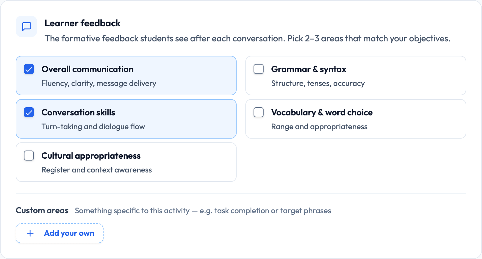 The Evaluation step showing the selectable feedback areas for a student's report.