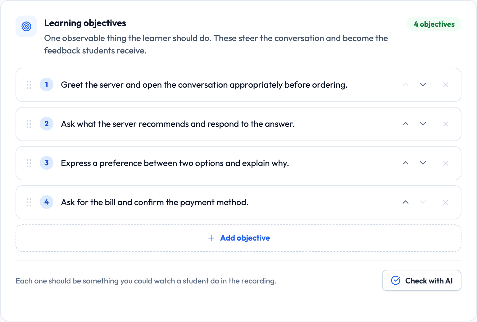 The learning objectives list on the Objectives step, with objectives that can be reordered and removed.