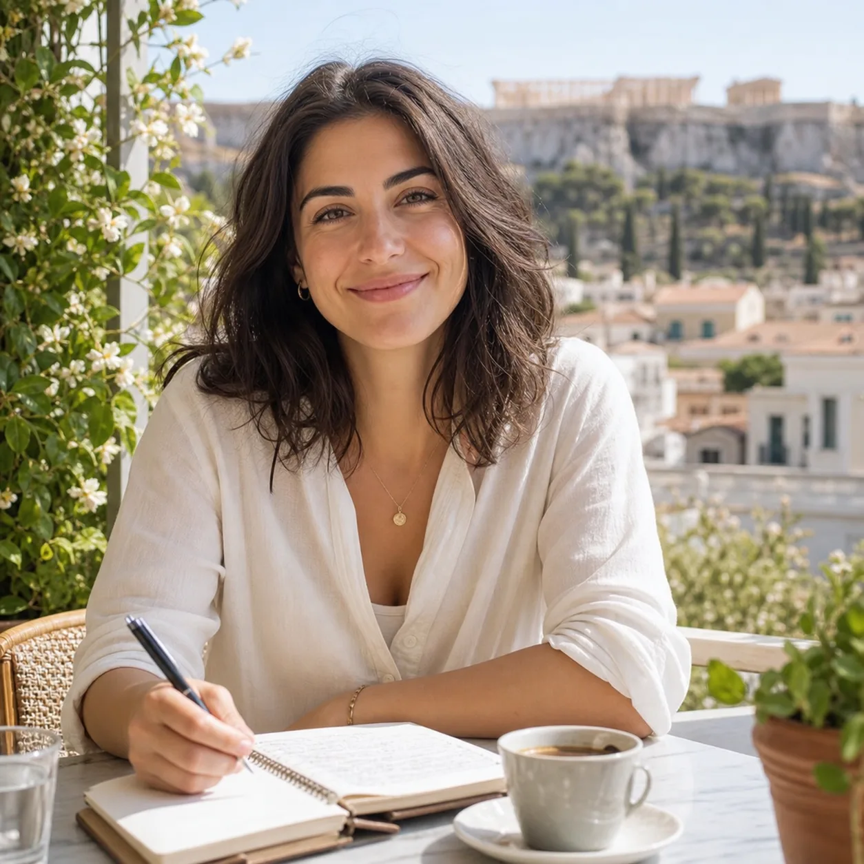 Friendly Greek AI conversation practice avatar